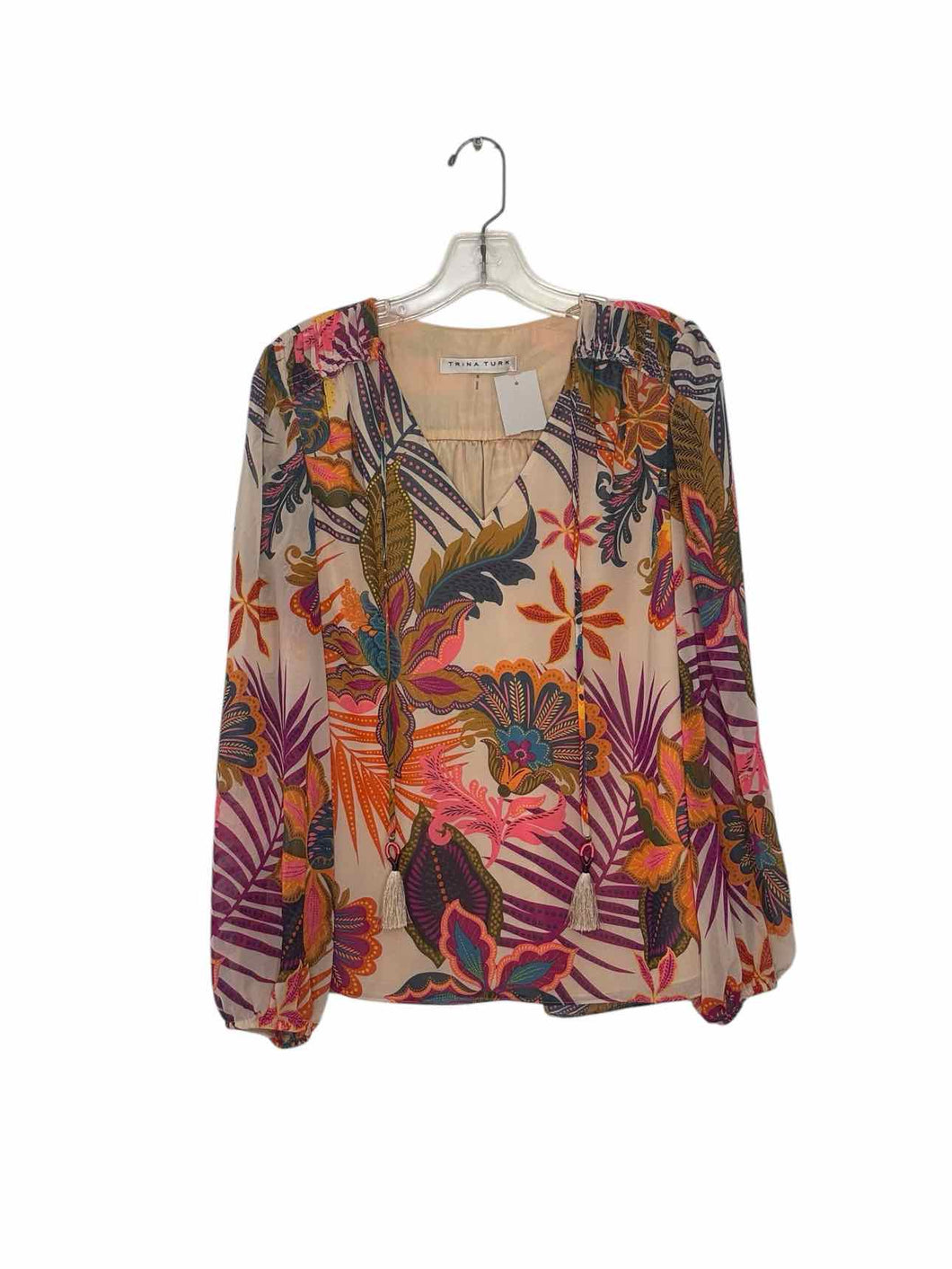 Trina Turk Size Small Beige Print Pre-Owned Blouse- Ladies