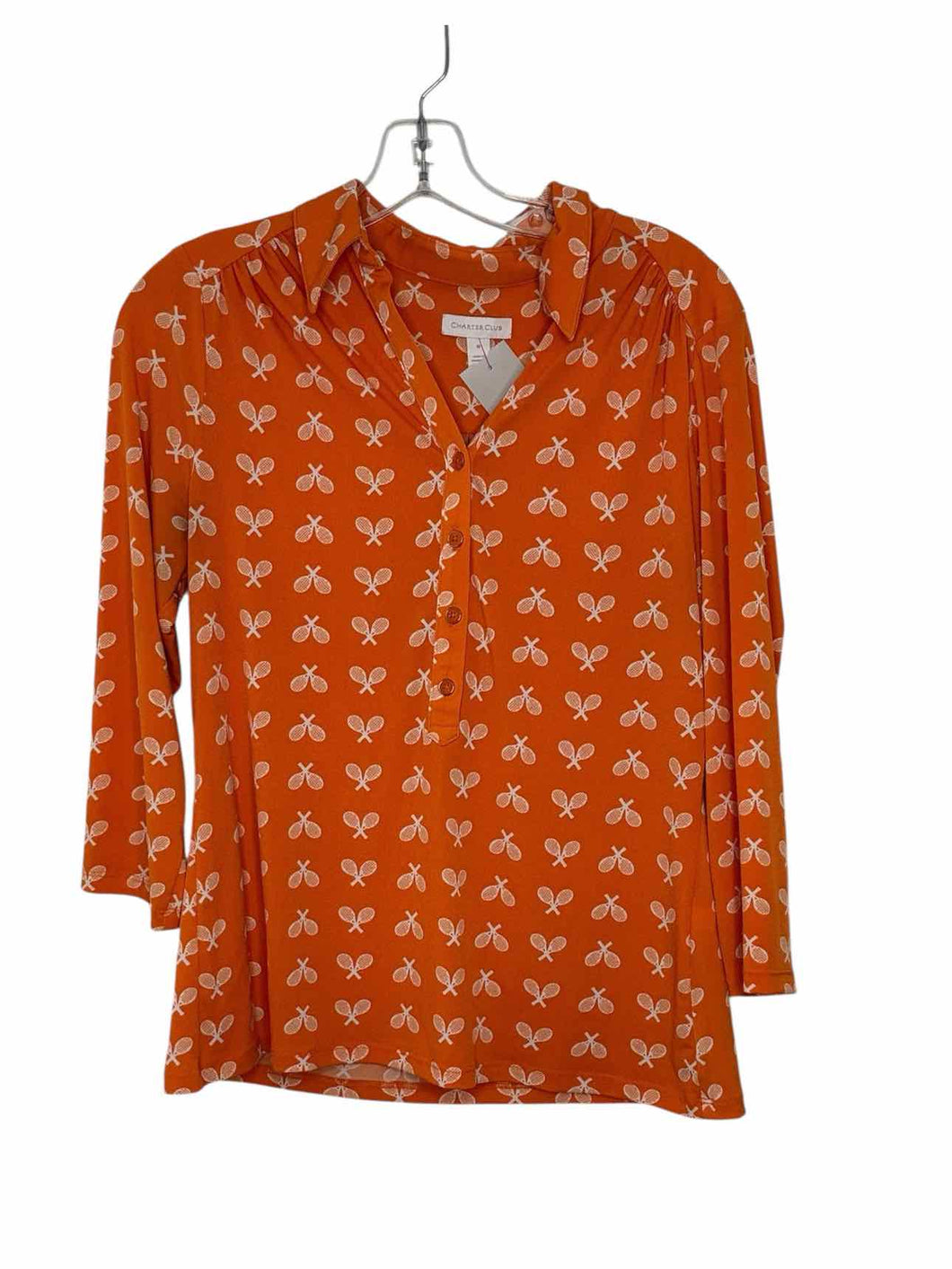 Charter Club Size Medium Orange Print Pre-Owned Shirt- Ladies
