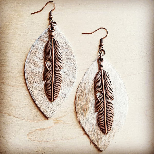 Leather Oval Earrings in Hair with Copper Feather
