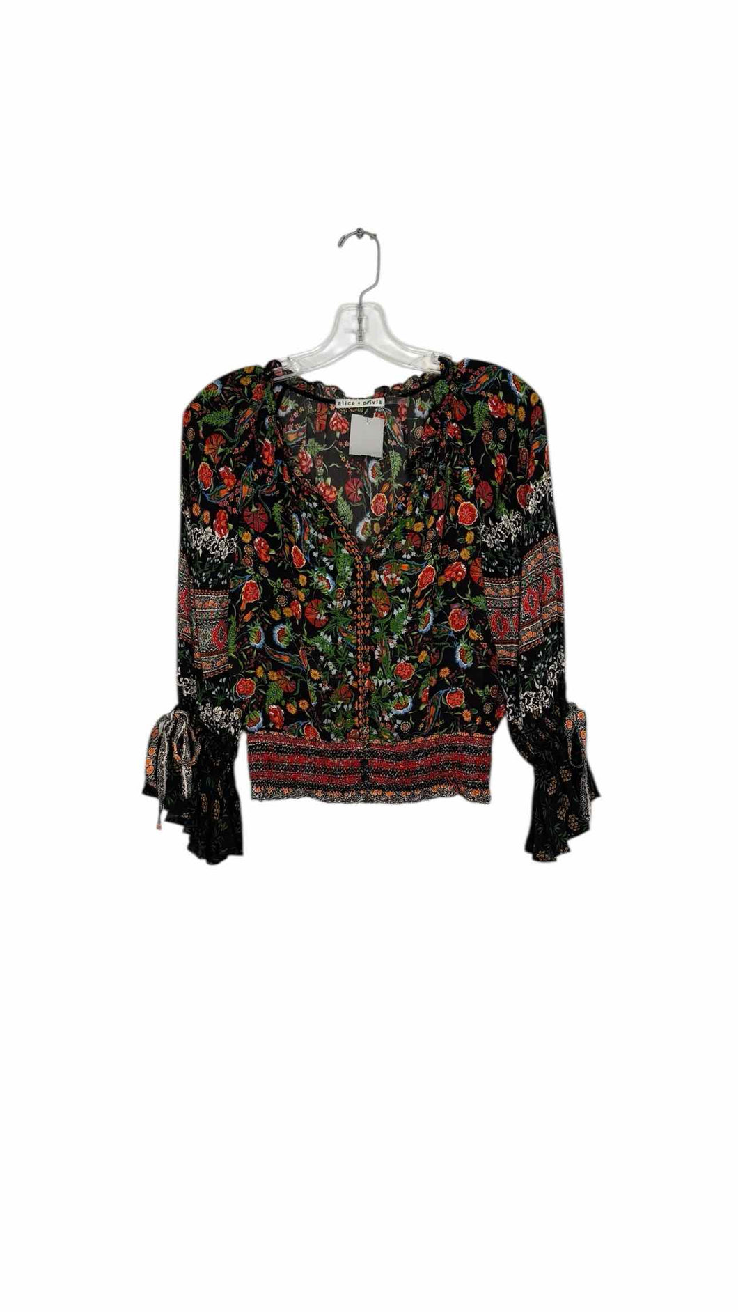 Alice + Olivia Size X- Small Black Floral Pre-Owned Blouse- Ladies