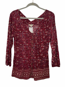 Lucky Brand Size Small Red Floral Pre-Owned Top- Ladies