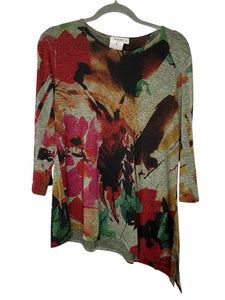 Jess & Jane Size Medium Green Print Pre-Owned Top- Ladies